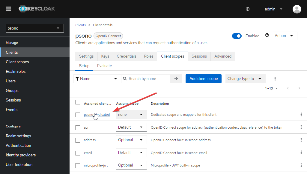 keycloak click dedicated scope and mappers